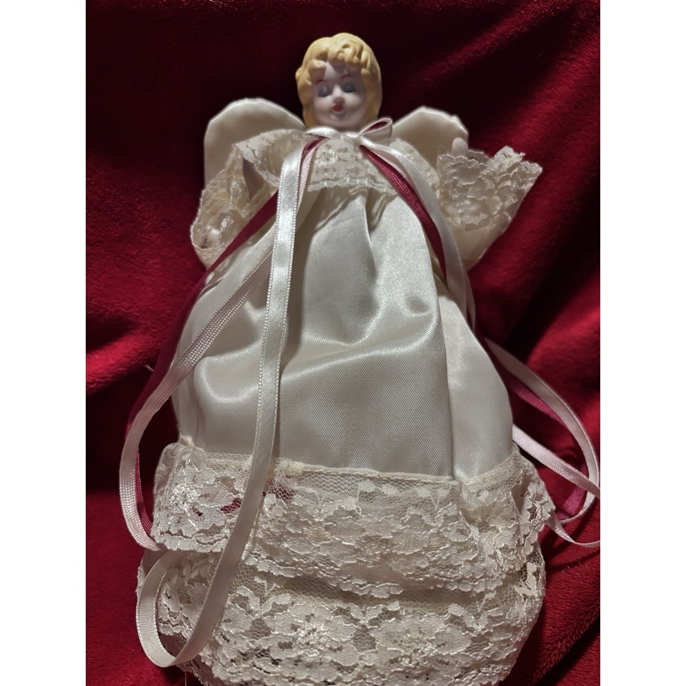 9" Victorian Style Angel Decor Bisque Head And Hands Satin Like Dress Lace